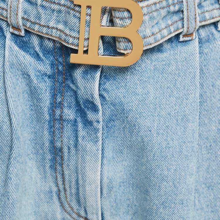 Pre Owned Balmain Blue Logo Detail Belt Denim Short M