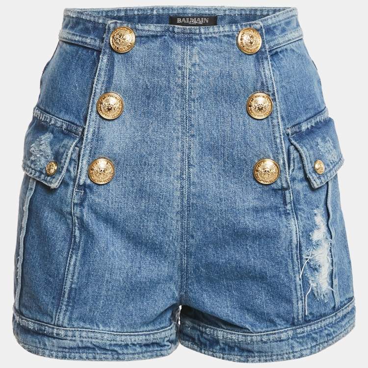 Pre Owned Balmain Blue Distressed Denim Button Detail Shorts M