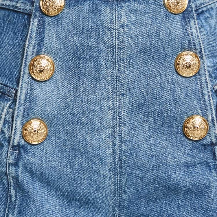 Pre Owned Balmain Blue Distressed Denim Button Detail Shorts M