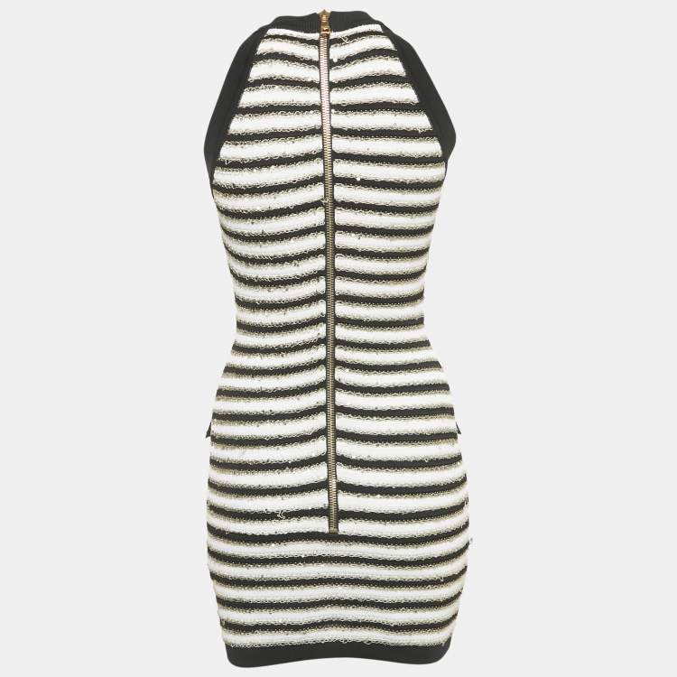 Pre Owned Balmain Black/ White Striped Rib Knit Mini Bodycon Dress S