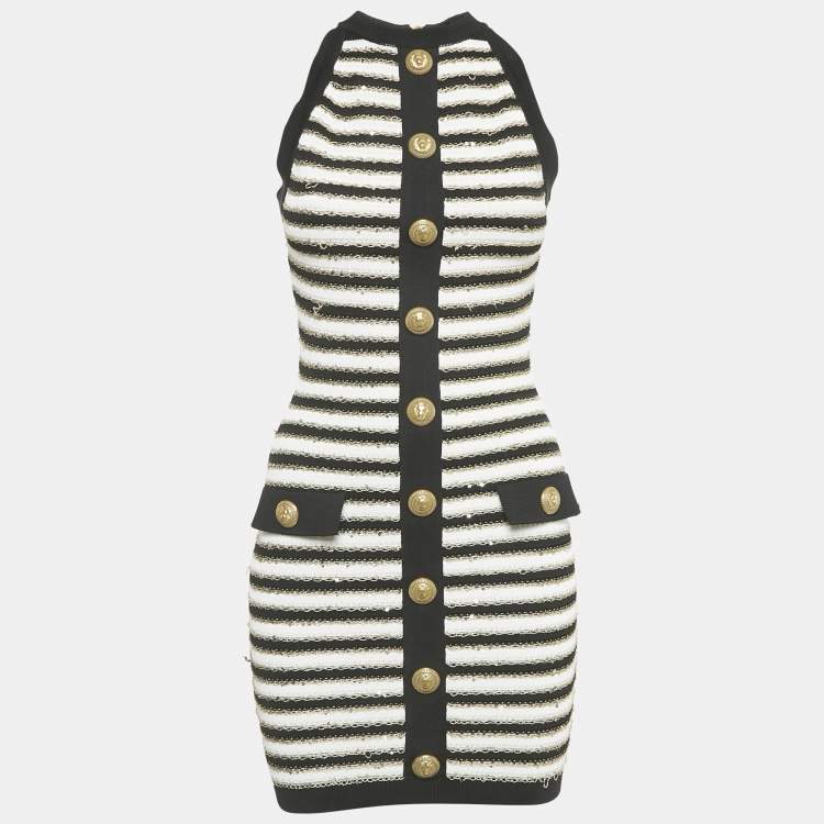 Pre Owned Balmain Black/ White Striped Rib Knit Mini Bodycon Dress S