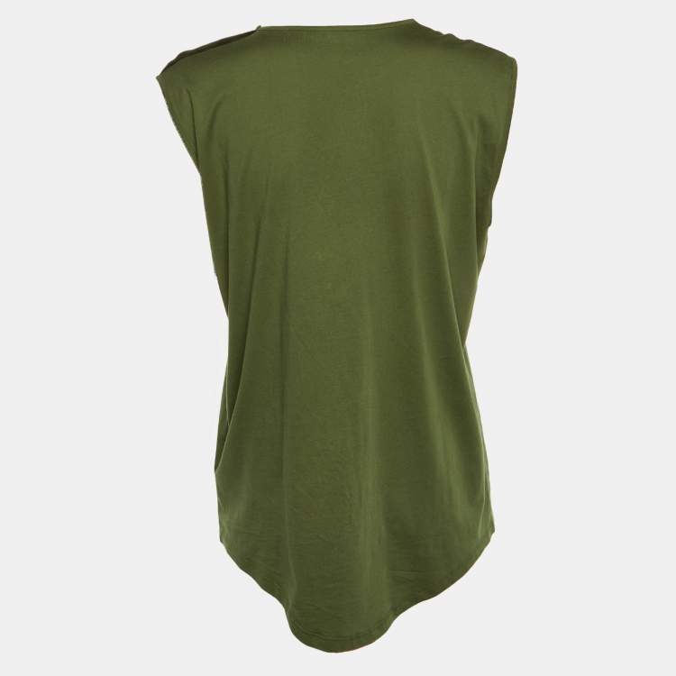Pre Owned Balmain Olive Green Logo Print Cotton Sleeveless T-Shirt L