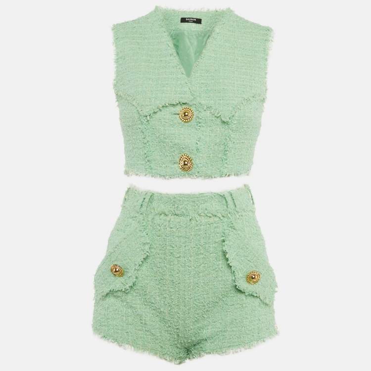 Pre Owned Balmain Green Tweed Crop Top & Mini Shorts Set S