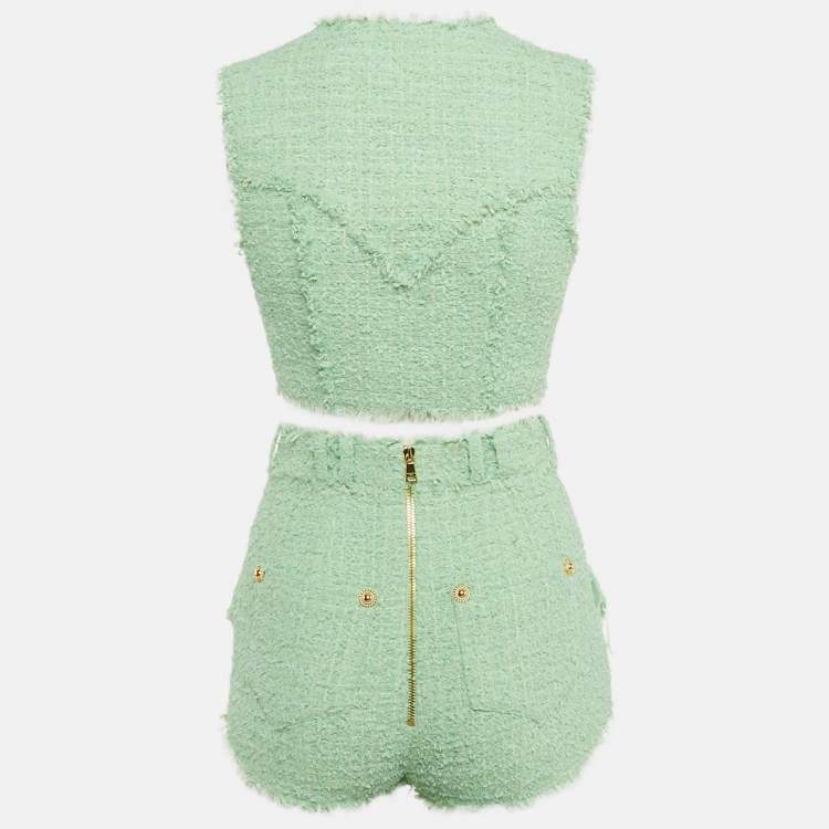 Pre Owned Balmain Green Tweed Crop Top & Mini Shorts Set S