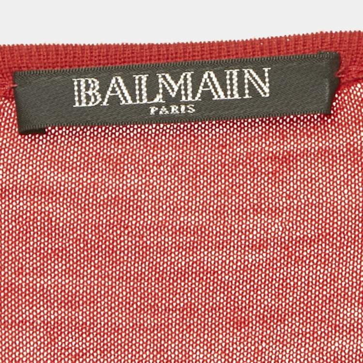 Pre Owned Balmain Red Wool Button Detail Long Sleeve Sweater S