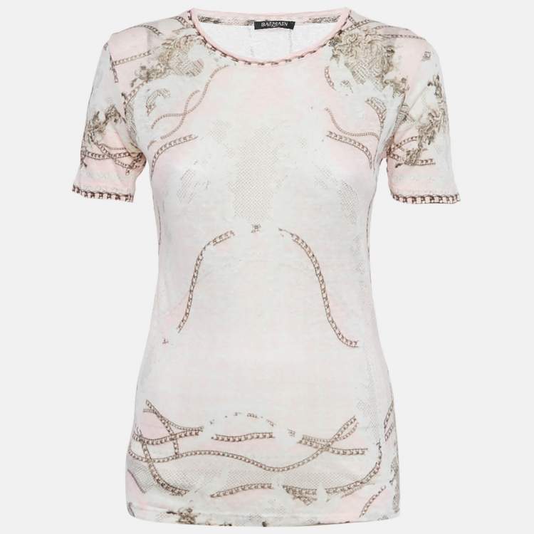Pre Owned Balmain Pink Printed Linen Knit Top M