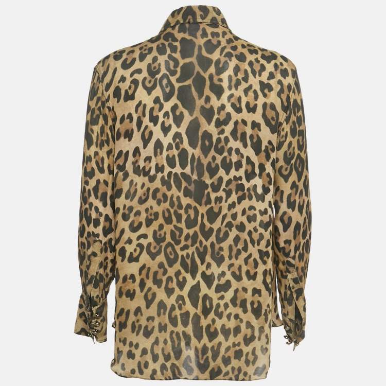 Pre Owned Balmain Brown Leopard Print Crepe Button Front Shirt L