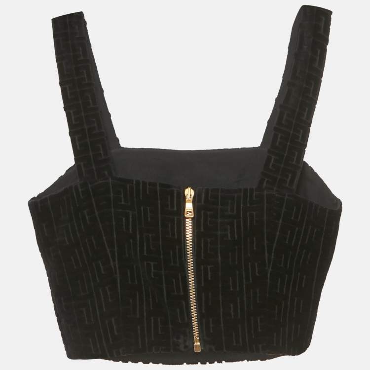 Pre Owned Balmain Black Patterned Velvet Crop Top S