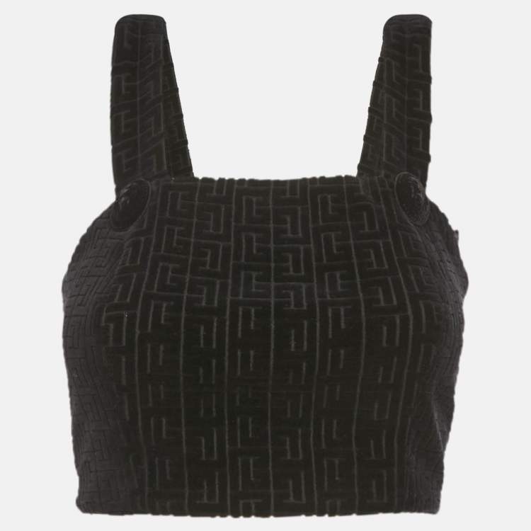 Pre Owned Balmain Black Patterned Velvet Crop Top S