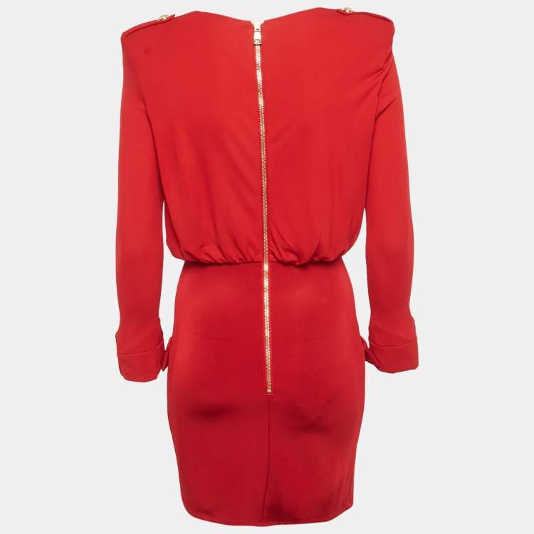 Pre Owned Balmain Red Jersey & Knit Plunge Neck Button Detailed Mini Dress S