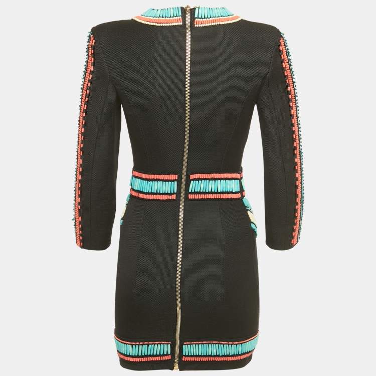 Pre Owned Balmain Black Beaded Canvas Mini Dress S