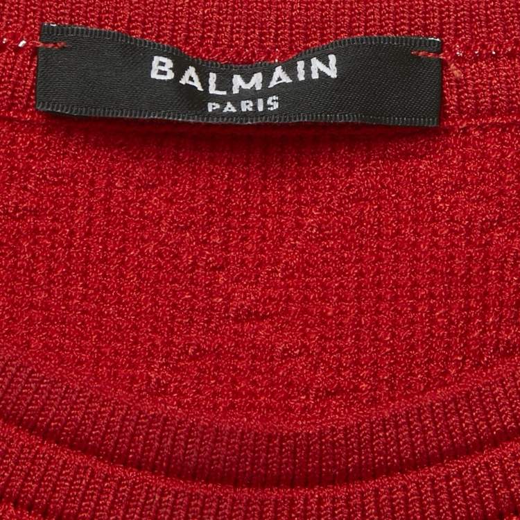 Pre Owned Balmain Red Stretch Knit Button Detail Sweater M