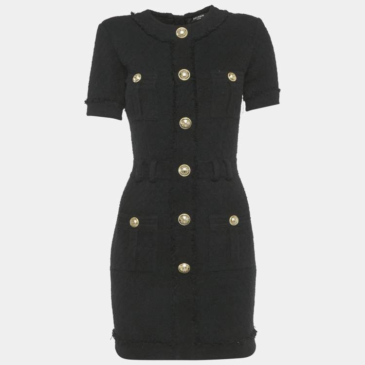 Pre Owned Balmain Black Tweed Button Detail Mini Dress S