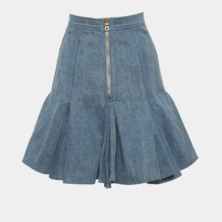 Pre Owned Balmain Blue Pleated Denim Mini Skirt S