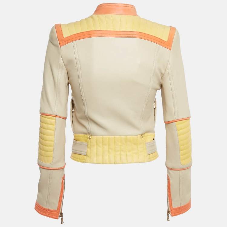 Pre Owned Balmain Beige Leather Zip Up Biker Jacket S 