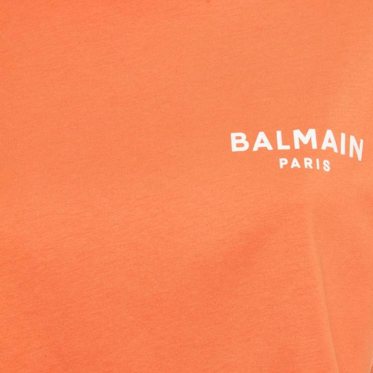 Pre Owned Balmain Orange Logo Printed Cotton Knit Crop Top XS