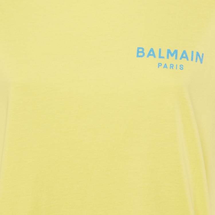 Pre Owned Balmain Yellow Logo Printed Cotton Knit T-Shirt M