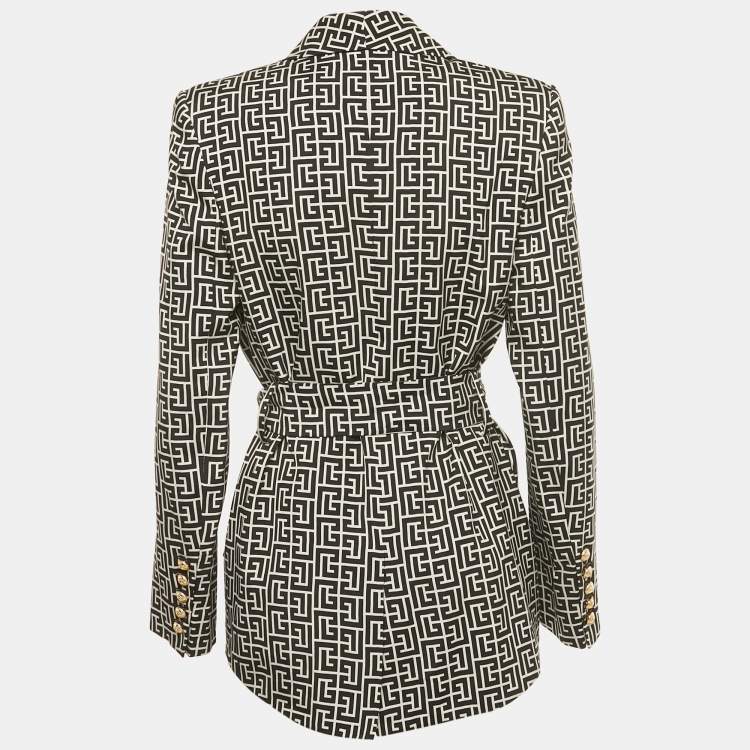 Pre Owned Balmain Black/White Monogram Cupro Double Breasted Blazer S