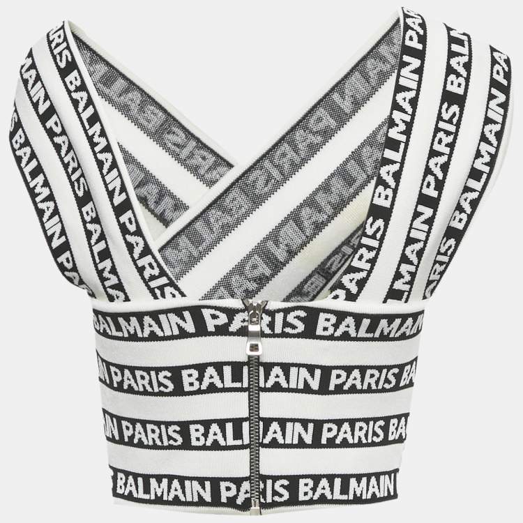 Pre Owned Balmain White Logo All Over Knit Crossover Banded Top S