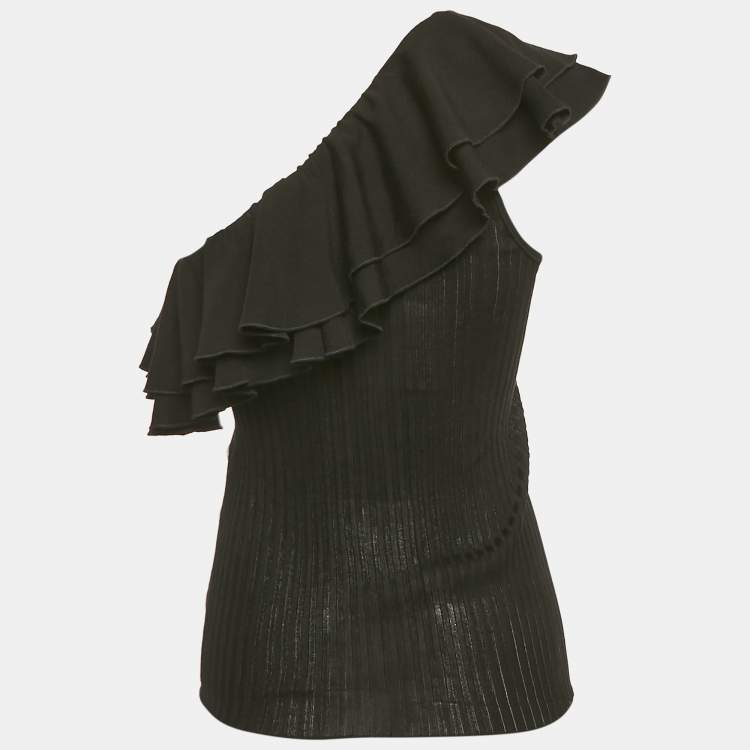 Pre Owned Balmain Black Rib Knit Ruffled One Shoulder Top S