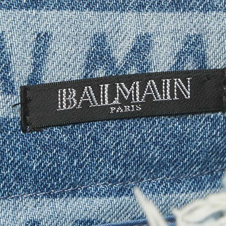 Pre Owned Balmain Blue Striped Logo Raw Edge Denim Skirt S Waist 26"