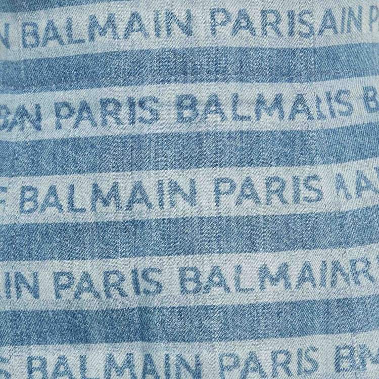 Pre Owned Balmain Blue Striped Logo Raw Edge Denim Skirt S Waist 26"