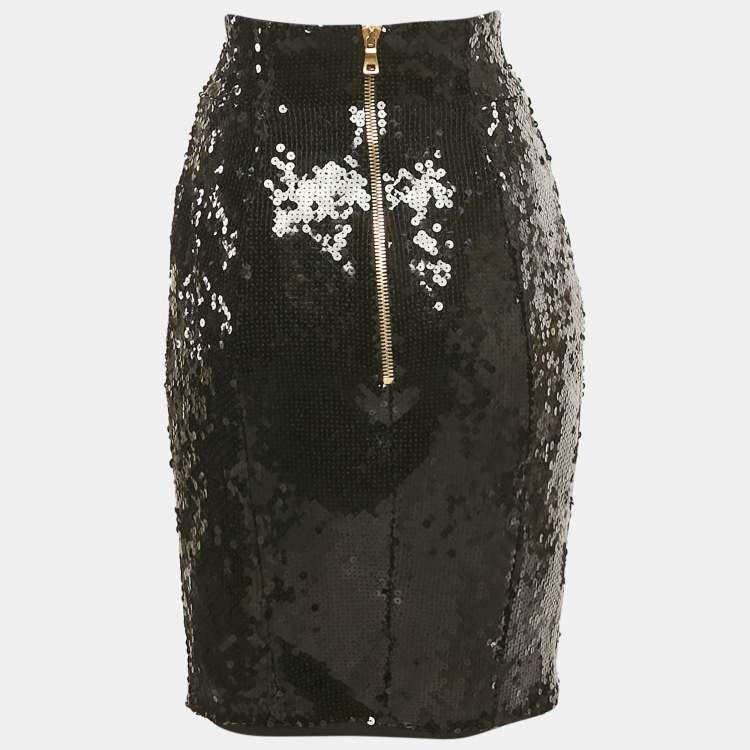 Pre Owned Balmain Black Sequin Button Detail Mini Skirt M