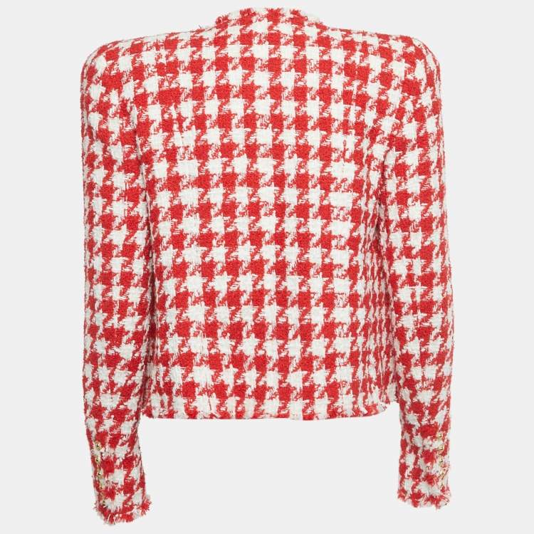 Pre Owned Balmain Red /White Houndstooth Tweed Open Front Jacket M