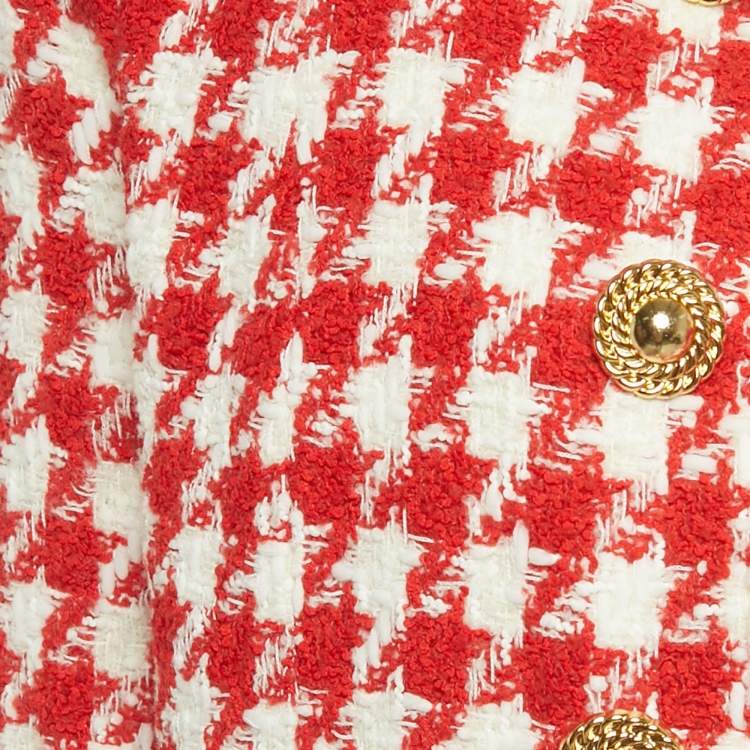 Pre Owned Balmain Red /White Houndstooth Tweed Open Front Jacket M