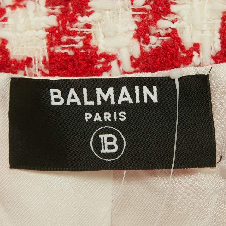Pre Owned Balmain Red /White Houndstooth Tweed Open Front Jacket M