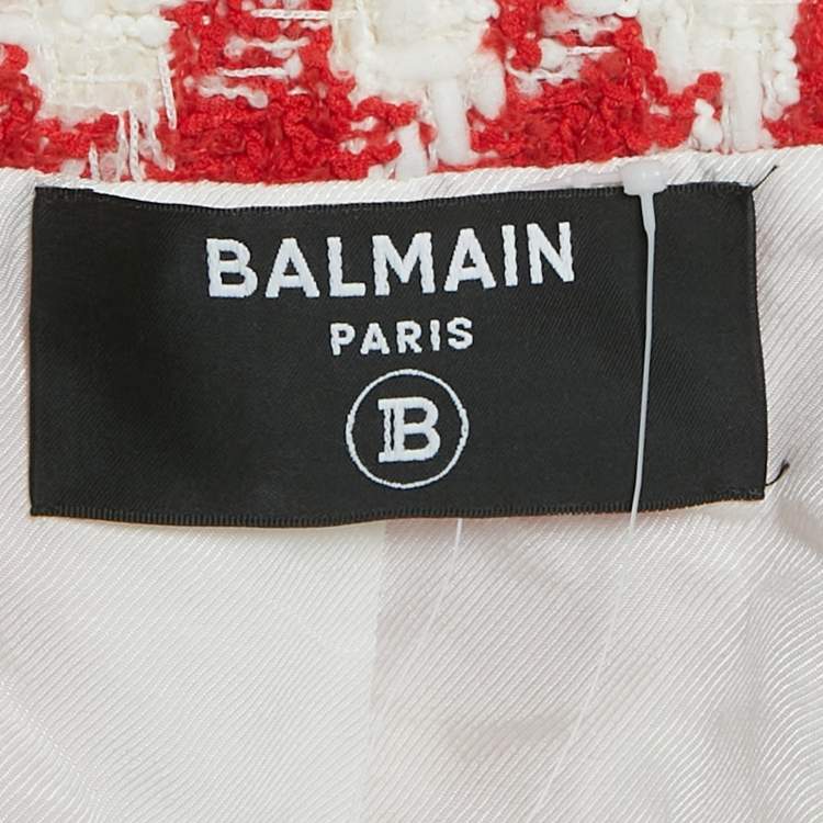 Pre Owned Balmain Red /White Houndstooth Tweed Open Front Jacket M