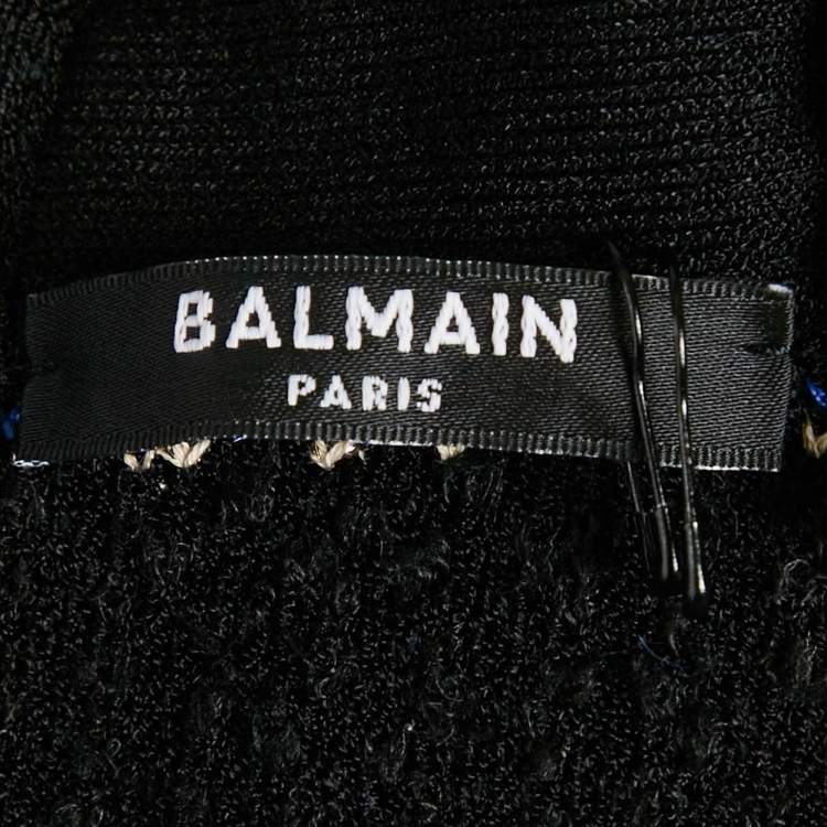 Pre Owned Balmain Black/Blue Textured Tweed Crop Top M