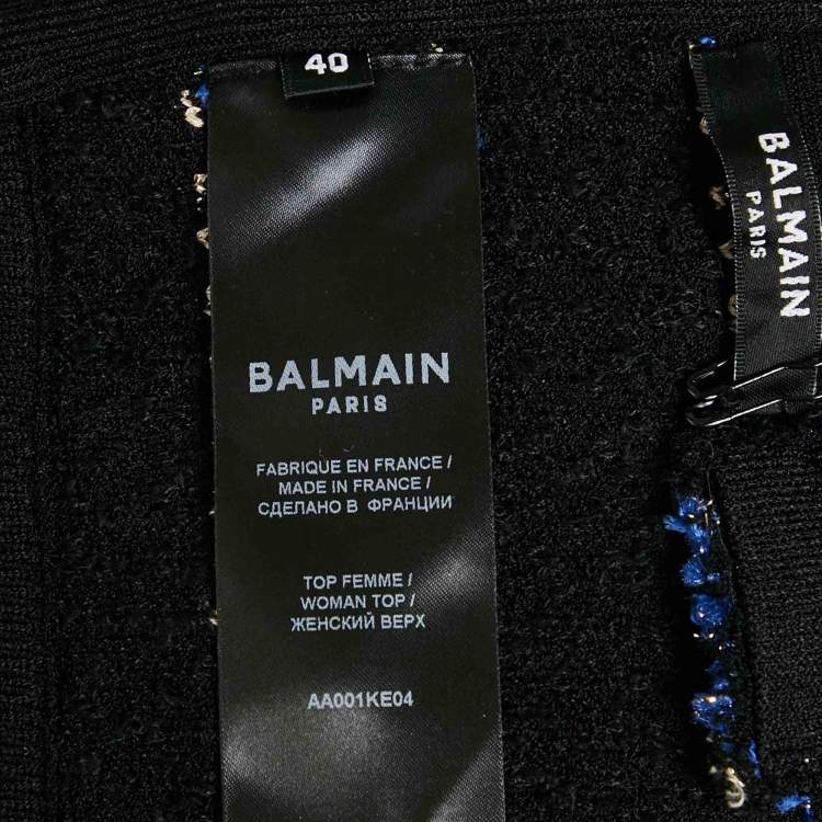 Pre Owned Balmain Black/Blue Textured Tweed Crop Top M