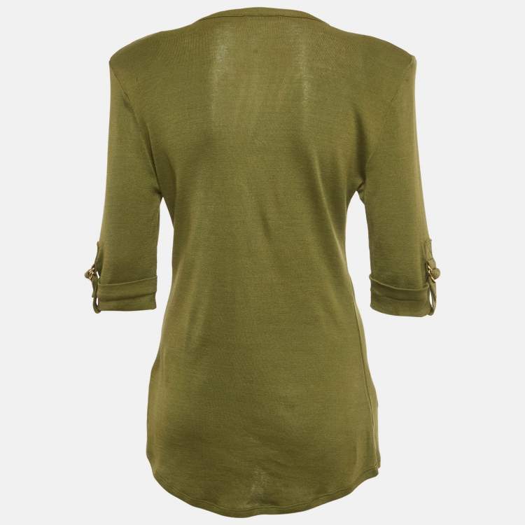 Pre Owned Balmain Olive Green Cotton Knit Top M