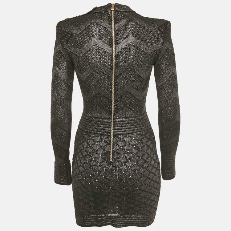 Pre Owned Balmain Black Lurex Patterned Knit Mock Neck Mini Dress S