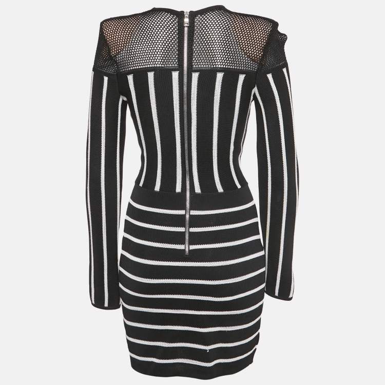 Pre Owned Balmain Black Striped Knit and Mesh Mini Bodycon Dress S