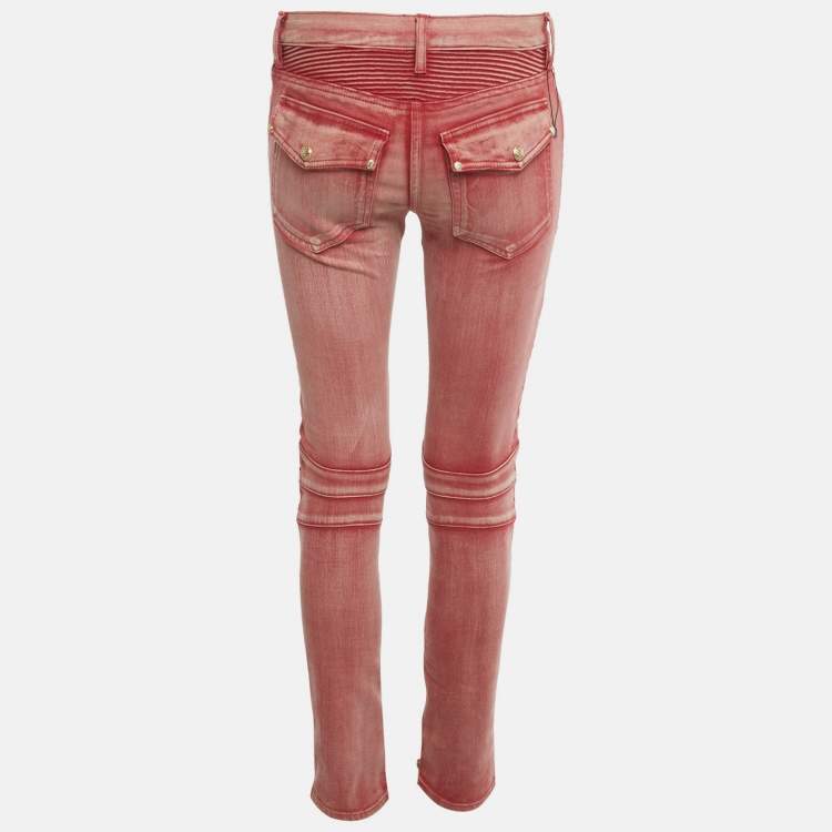Pre Owned Balmain Red Washed Out Denim Skinny Biker Jeans S Waist 29"