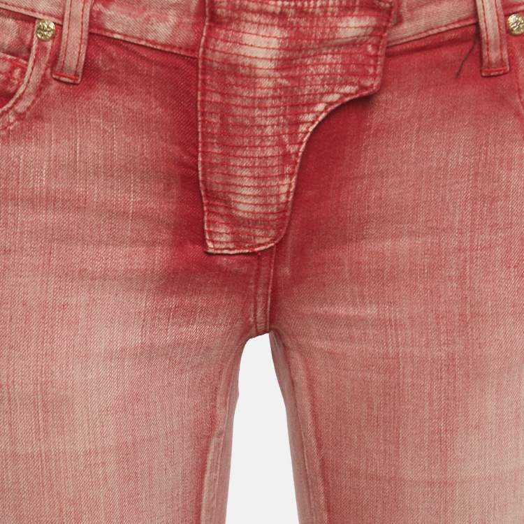Pre Owned Balmain Red Washed Out Denim Skinny Biker Jeans S Waist 29"