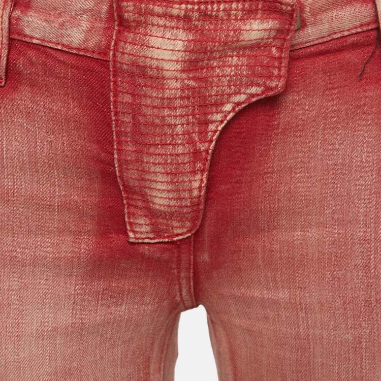 Pre Owned Balmain Red Washed Out Denim Skinny Biker Jeans S Waist 29"
