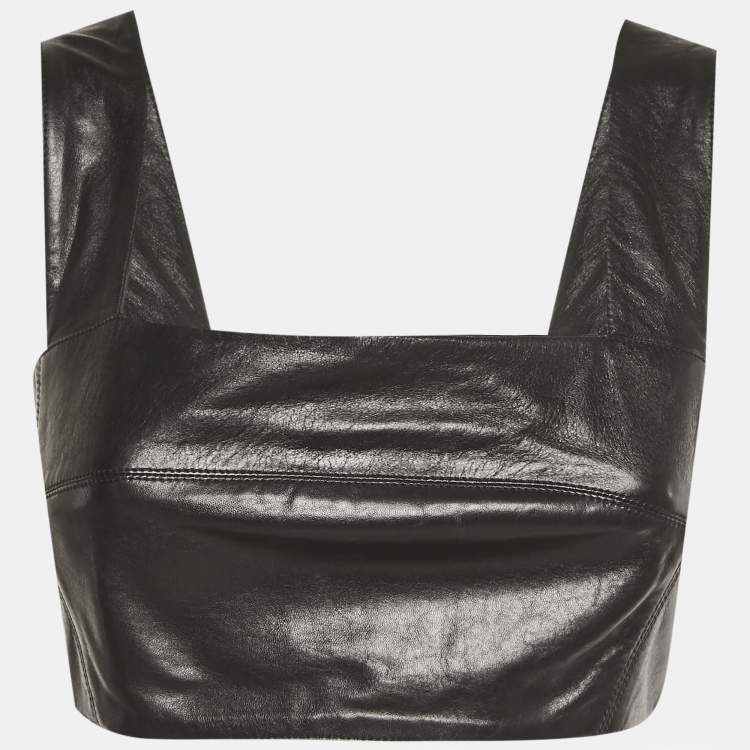Pre Owned Balmain Black Leather Crop Top M