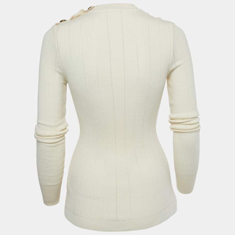 Pre Owned Balmain Cream Rib Knit Mock Neck Pullover S