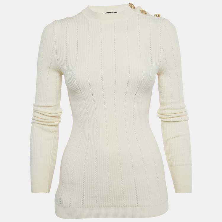 Pre Owned Balmain Cream Rib Knit Mock Neck Pullover S