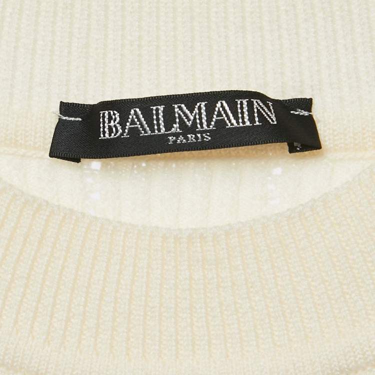 Pre Owned Balmain Cream Rib Knit Mock Neck Pullover S