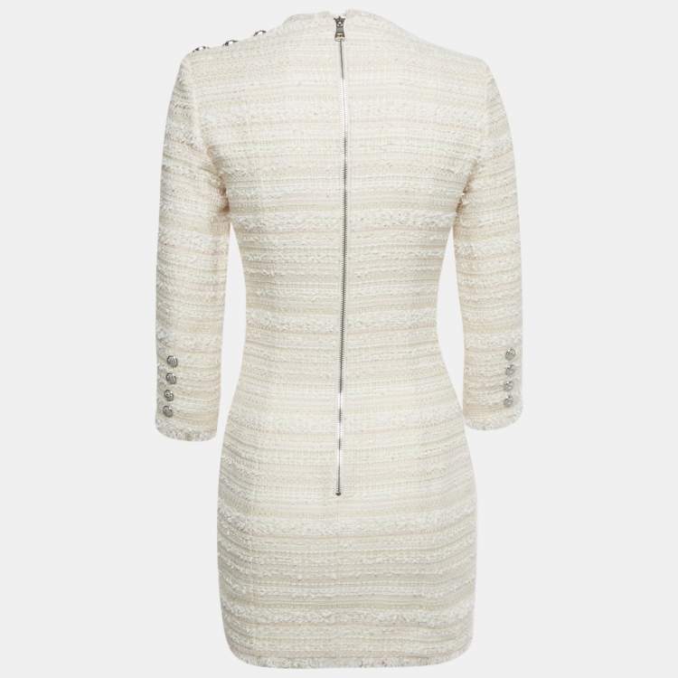 Pre Owned Balmain Pink /White Striped Lurex Tweed Mini Dress S