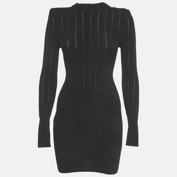 Pre Owned Balmain Black Stretch Knit Zip UP Mini Dress S