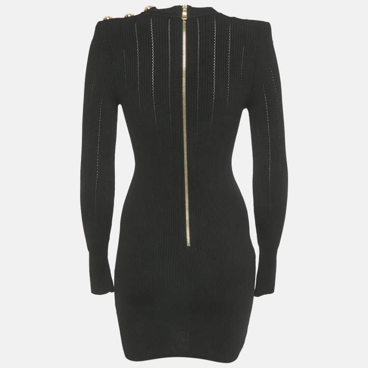 Pre Owned Balmain Black Stretch Knit Zip UP Mini Dress S