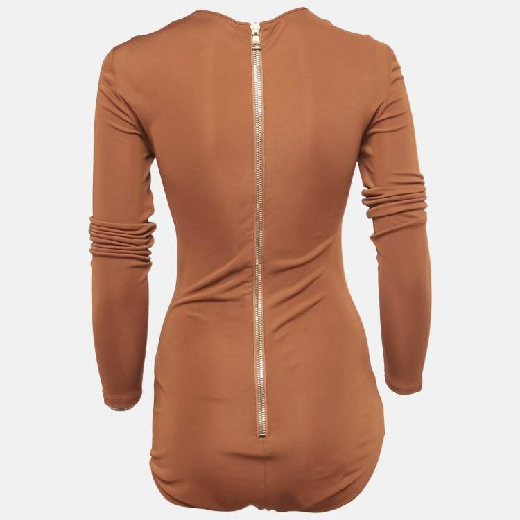 Pre Owned Balmain Brown Jersey Long Sleeve Bodysuit  S