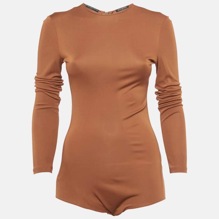 Pre Owned Balmain Brown Jersey Long Sleeve Bodysuit  S