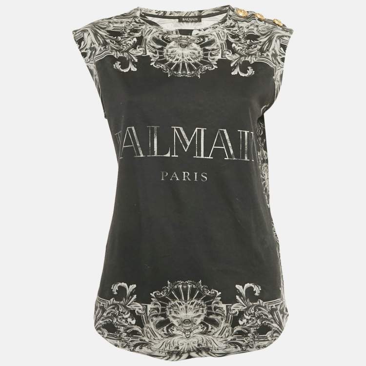 مملوكة مسبقًا Balmain Black Print Cotton Sleeveless Top M
