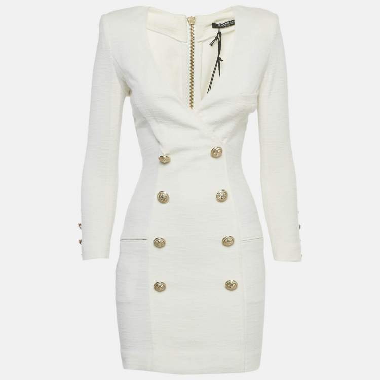 Pre Owned Balmain White Cotton Button Detail Mini Dress S